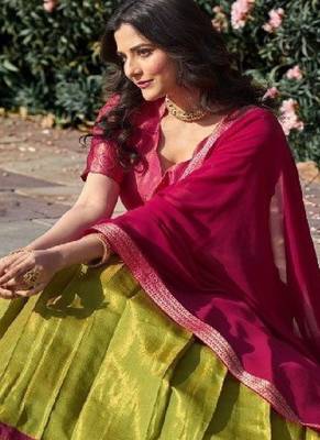 Olive Green & Pink Art-Silk Contrast Lehenga Set 3