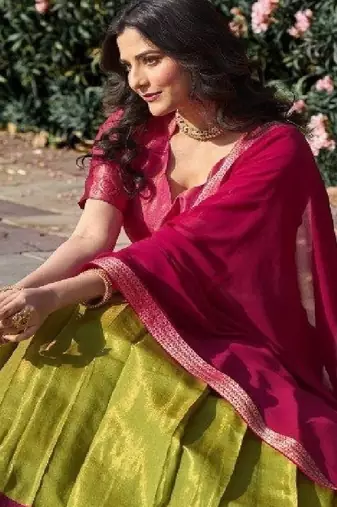 Olive Green & Pink Art-Silk Contrast Lehenga Set