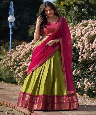 Olive Green & Pink Art-Silk Contrast Lehenga Set 4