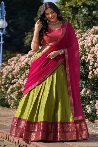 Olive Green & Pink Art-Silk Contrast Lehenga Set