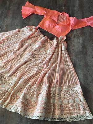 Lavishing Peach Net Lakhnavi Work Party Wear Crop Top Lehenga 3
