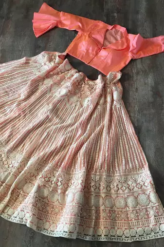 Lavishing Peach Net Lakhnavi Work Party Wear Crop Top Lehenga