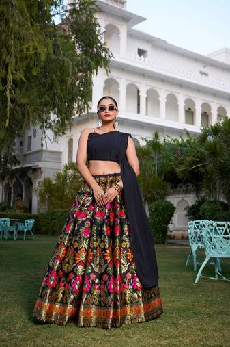 Black Color Weaving Zari Work Banarasi Silk Co-ord Set Lehenga With Georgette Choli