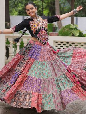 Dazzling Multi-Color Cotton Digital Printed Navratri Crop Top Lehenga 2