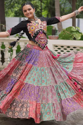 Dazzling Multi-Color Cotton Digital Printed Navratri Crop Top Lehenga
