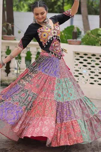 Dazzling Multi-Color Cotton Digital Printed Navratri Crop Top Lehenga