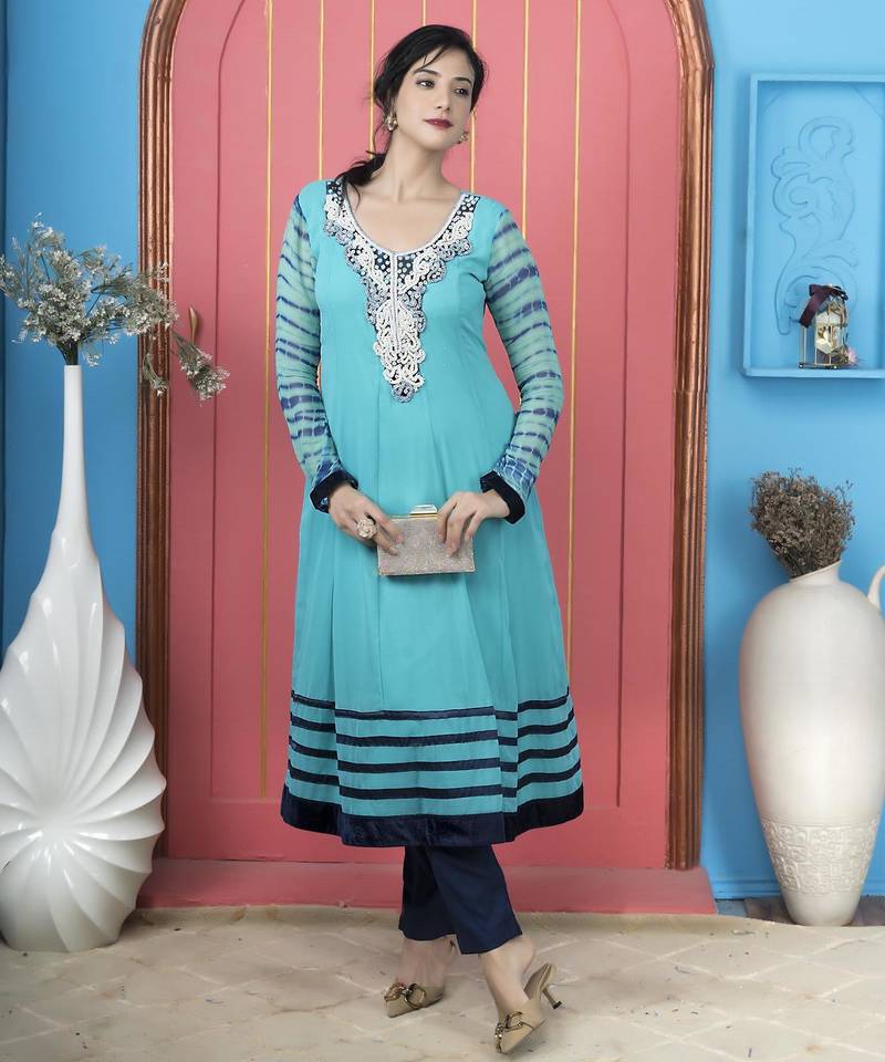 Light blue embroidered georgette a line kurta