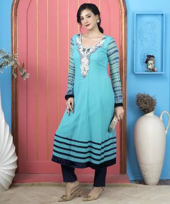 Light blue embroidered georgette a line kurta 2