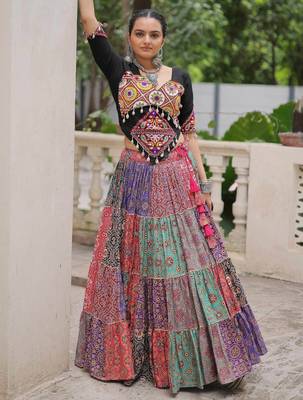 Dazzling Multi-Color Cotton Digital Printed Navratri Crop Top Lehenga 4