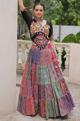 Dazzling Multi-Color Cotton Digital Printed Navratri Crop Top Lehenga