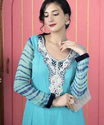 Light blue embroidered georgette a line kurta 5