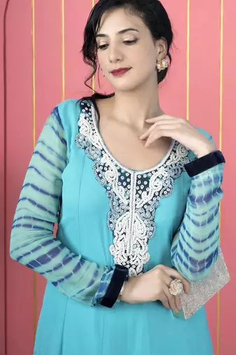 Light blue embroidered georgette a line kurta