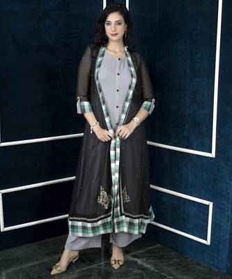 Black embroidered georgette jacket style kurta 1