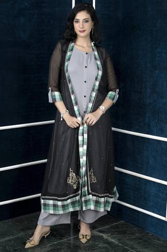 Black embroidered georgette jacket style kurta