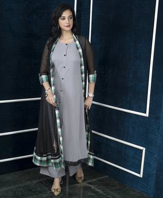 Black embroidered georgette jacket style kurta 2