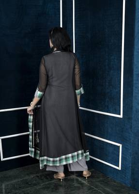 Black embroidered georgette jacket style kurta 4