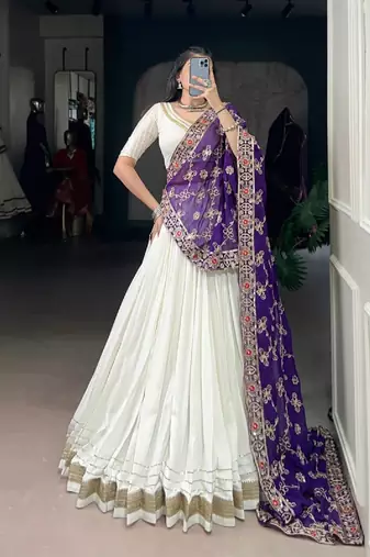 Off- White Color Zari Weaving Work With Lace Touch Up Rayon Lehenga choli