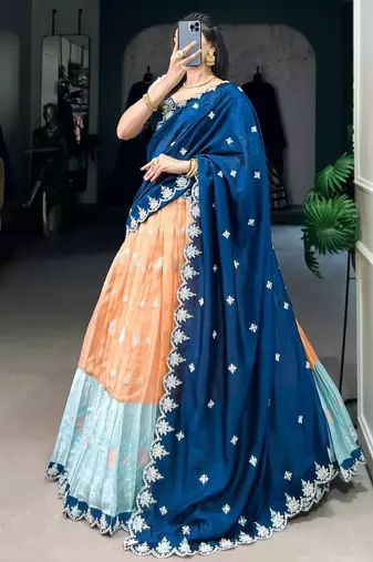 Ravishing Orange Zari Weaving Silk Wedding Wear Half Saree Lehenga