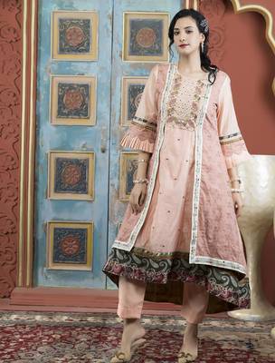 Peach embroidered silk asymmetrical kurta 1
