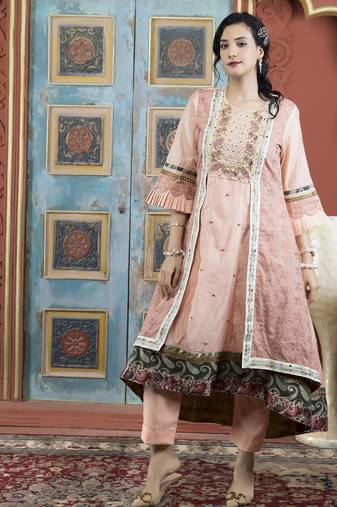 Peach embroidered silk asymmetrical kurta