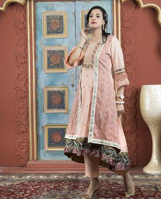 Peach embroidered silk asymmetrical kurta 2