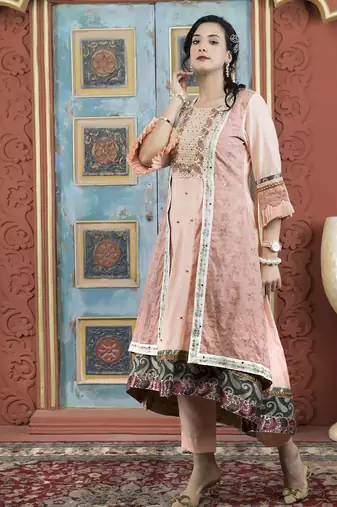 Peach embroidered silk asymmetrical kurta