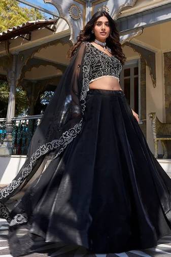 Black Color Pearl Coding And Sequins Embroidery Work With Satin Lehenga Choli