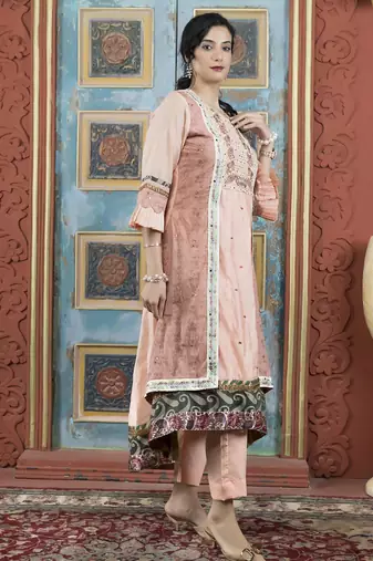 Peach embroidered silk asymmetrical kurta