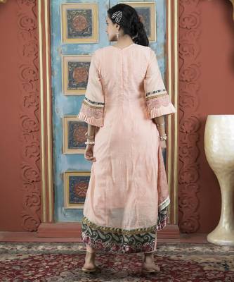 Peach embroidered silk asymmetrical kurta 4