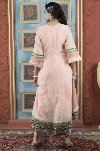 Peach embroidered silk asymmetrical kurta