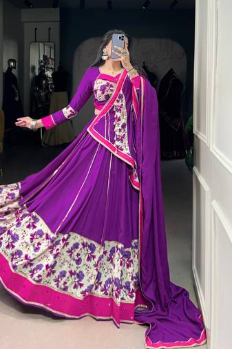 Pure Rayon Mirror Work Printed Lehenga Set with Dupatta