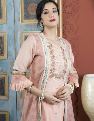 Peach embroidered silk asymmetrical kurta 5
