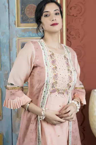 Peach embroidered silk asymmetrical kurta