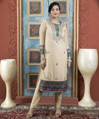 Beige embroidered silk straight cut kurta 1