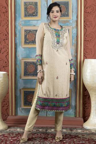 Beige embroidered silk straight cut kurta
