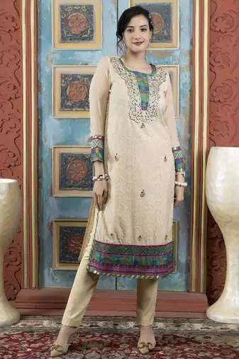 Beige embroidered silk straight cut kurta