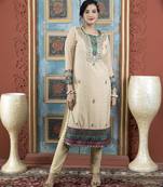Beige embroidered silk straight cut kurta