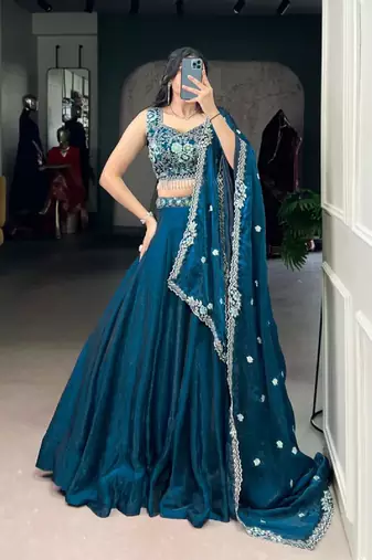 Peacock Color Sequince And Thread Embroidery Work Fendi Lehenga choli