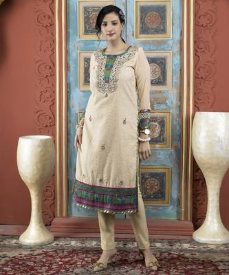 Beige embroidered silk straight cut kurta 2