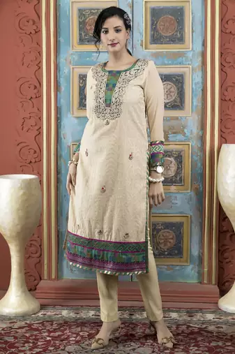 Beige embroidered silk straight cut kurta