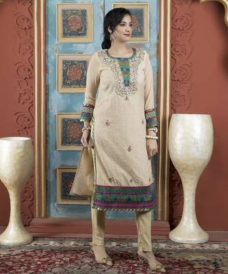Beige embroidered silk straight cut kurta 3