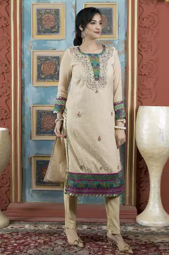 Beige embroidered silk straight cut kurta