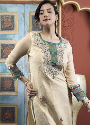 Beige embroidered silk straight cut kurta 5