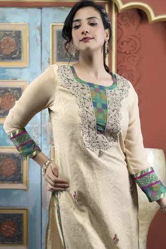 Beige embroidered silk straight cut kurta