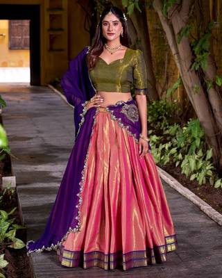 Pink art Silk half saree with Purple Dupatta  1