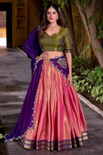 Purple Color Sequince And Thread Embroidery Work Kanchipuram Lehenga Choli