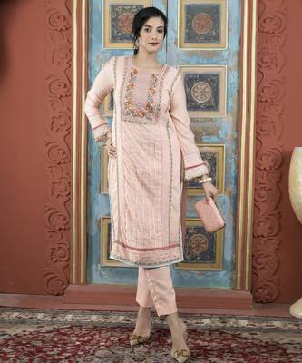 Peach embroidered silk straight cut kurta 1