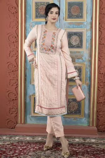 Peach embroidered silk straight cut kurta