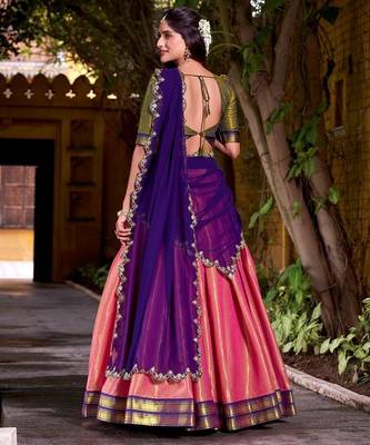 Pink art Silk half saree with Purple Dupatta  2
