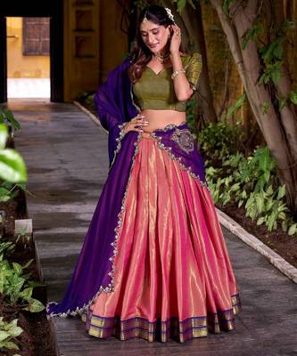 Pink art Silk half saree with Purple Dupatta  3